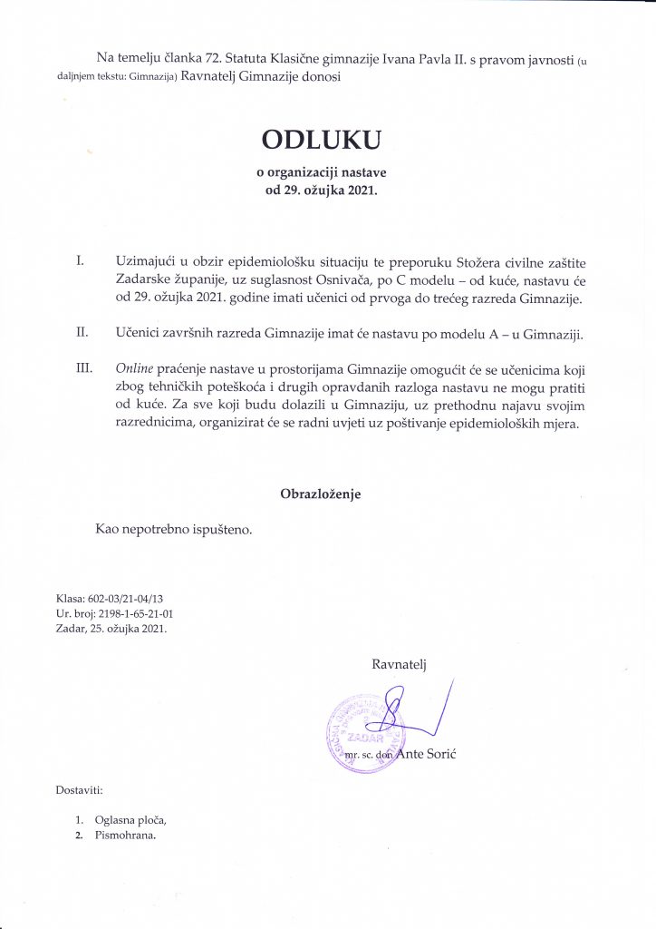 Održavanje nastave od 29. ožujka 2021. godine